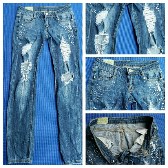 Machine Distressed Ripped Jeans  Rhinestone Pocket - Picture 3 of 3