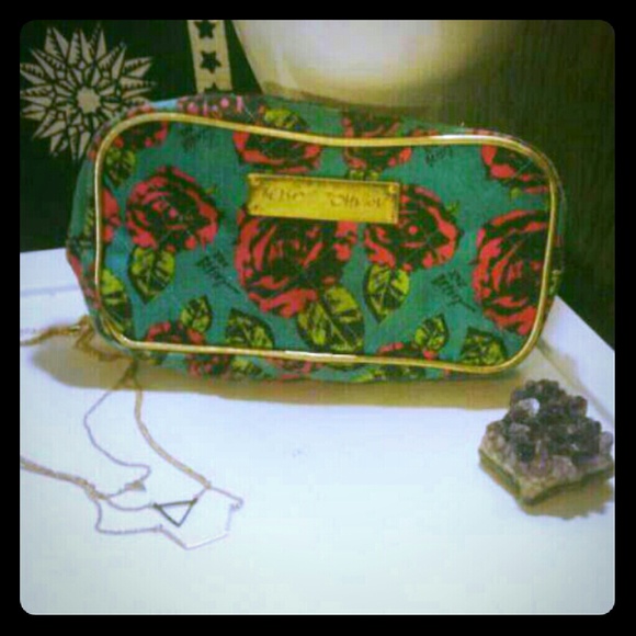 Betsey Johnson gold floral blue pink makeup bag💄