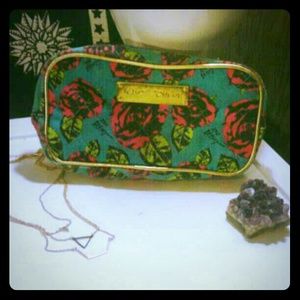 Betsey Johnson gold floral blue pink makeup bag💄