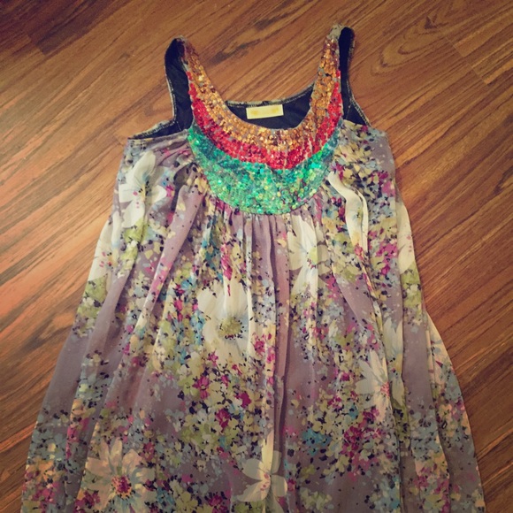 Purple flowered tunic with sequin neckline - Picture 1 of 4