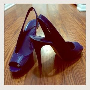 Navy blue open toe pumps from Aldo