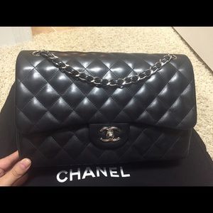 Chanel double flap black lamb skin SHW