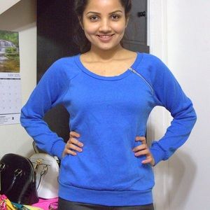 Blue one side zip off shoulder sweatshirt