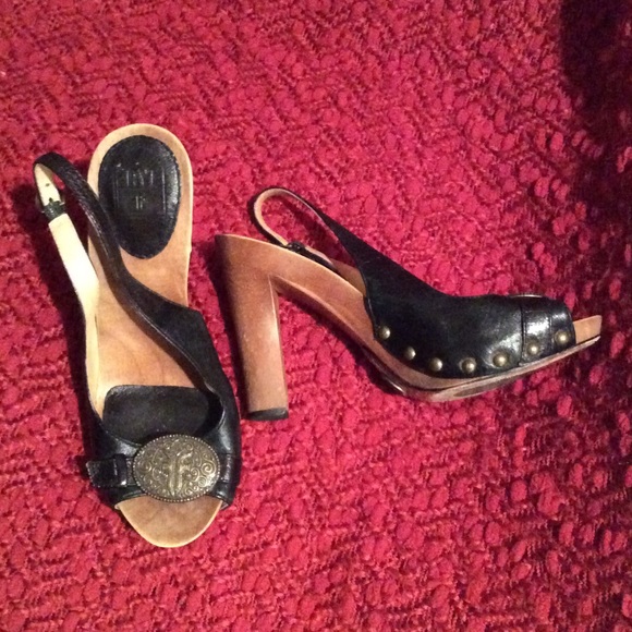 Frye Peep Toe Wood Heels 5.5 Ex Cond