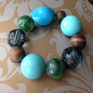 Blue, turquoise, teal, and wood bracelet
