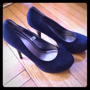 Black faux suede platform heels