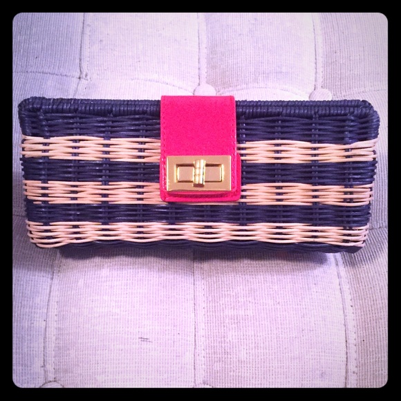 J. Crew navy/tan/red straw clutch