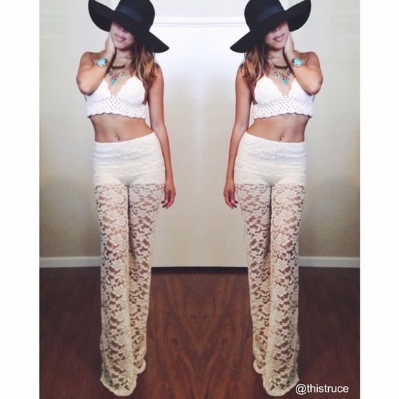 white lace flare pants