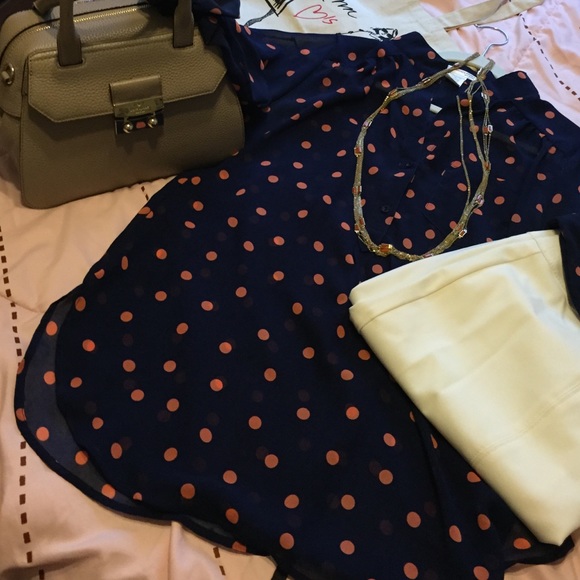 Sheer navy blue w/orange dots shirt