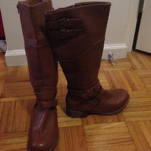 Tan Knee High Boots with Buckle Details