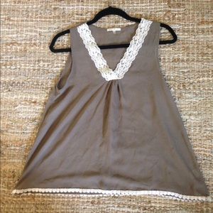 Olive green chiffon top with white lace trimmings