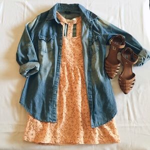 Peach lace floral dress.