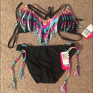 Black Bikini with Colorful Fringe