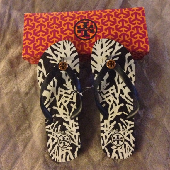 Tory Burch coral branch navy & white flip flops