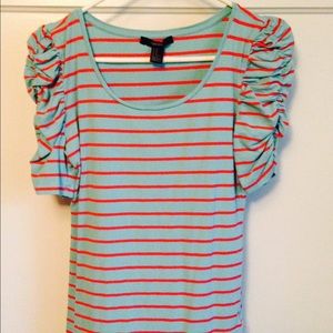 Striped Top with Ruched Sleeves