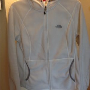 White hooded north face jacket