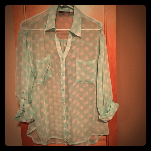 Mint green and white polka dot top