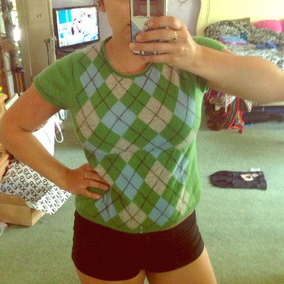 Green, blue, and gray argyle cashmere sweater