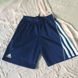 Navy blue and white Adidas soccer shorts