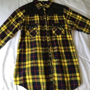 Yellow plaid flannel with pleather sleeves