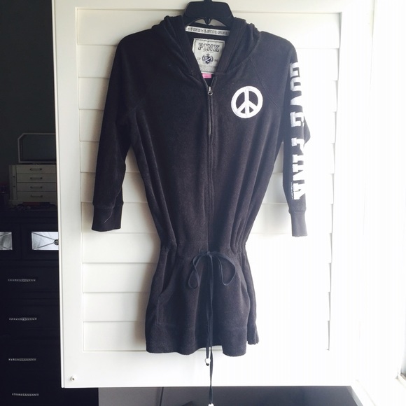 PINK Black Hooded Terry Cloth Jacket