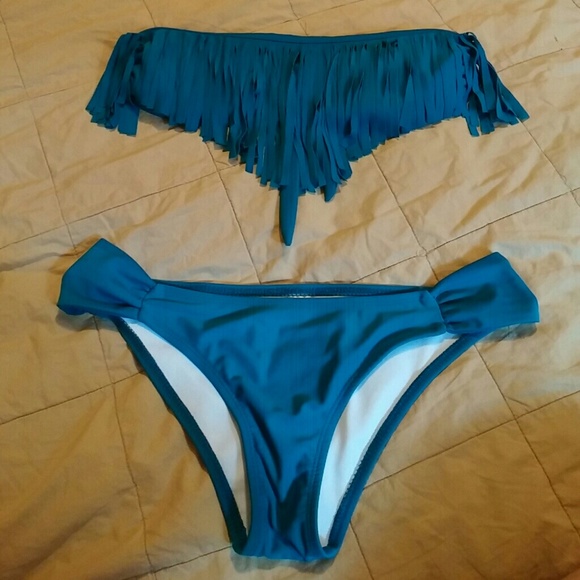 Fringe halter top bikini set