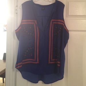 Royal blue and orange designed short sleeve blouse
