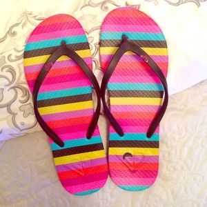 multi-colored Roxy flip flops