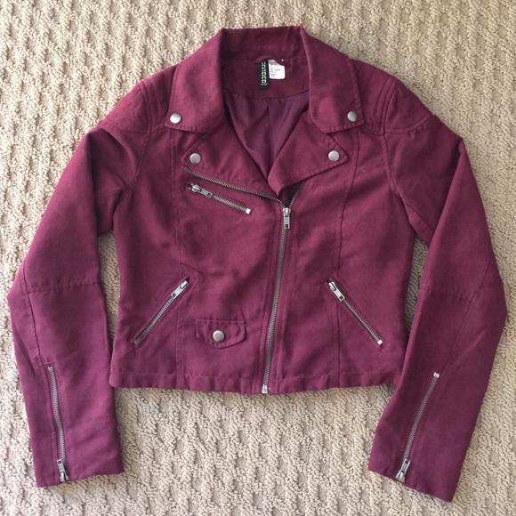 H&M Divided Faux Suede Maroon Moto Jacket 6