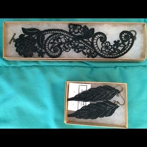 Black Lace Bracelet & Leaf Earrings