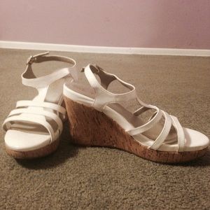 White patent leather wedges
