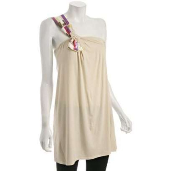 BCBGMAXAZRIA IVORY BEADED ONE SHOULDER TOP