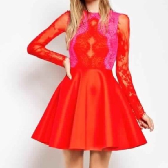 Red skater dress, with red and pink lace.