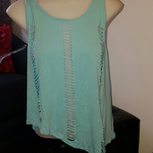 Teal Ripped Shredded Hi Low Tank. SMALL - Picture 3 of 4