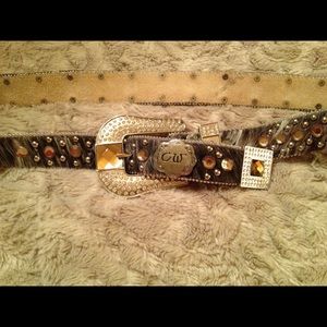 Hair on hide with brown rhinestones belt