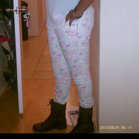 Flower and stripe stretch jeans Sz.11