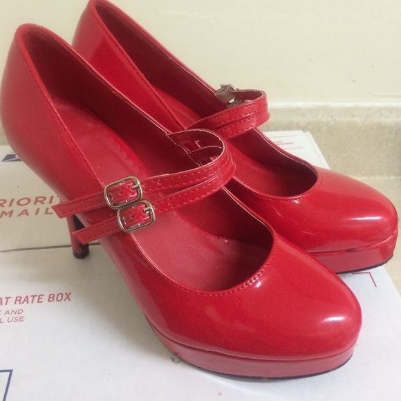 Red patent leather (faux) Mary Janes