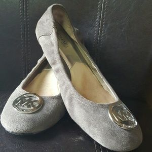 Michael Kors grey suede flats silver MK logo