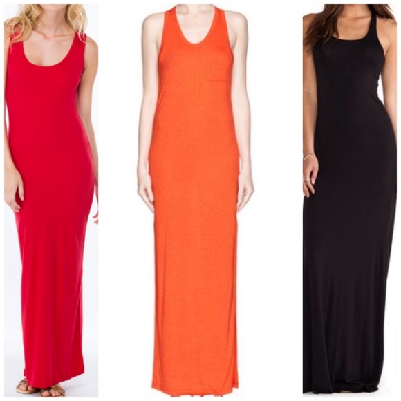 Ladies maxi dresses in Coral, orange, black & red