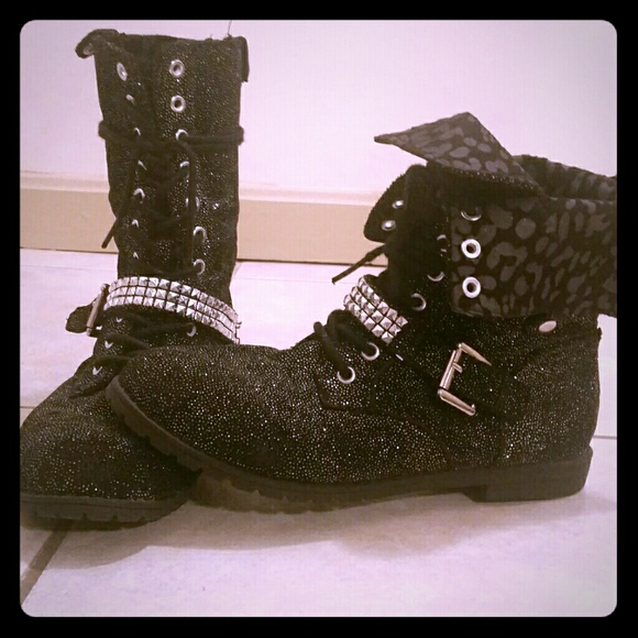Sparkly Black Combat Boots
