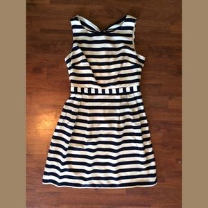 Navy & cream stripe dress with crisscross back
