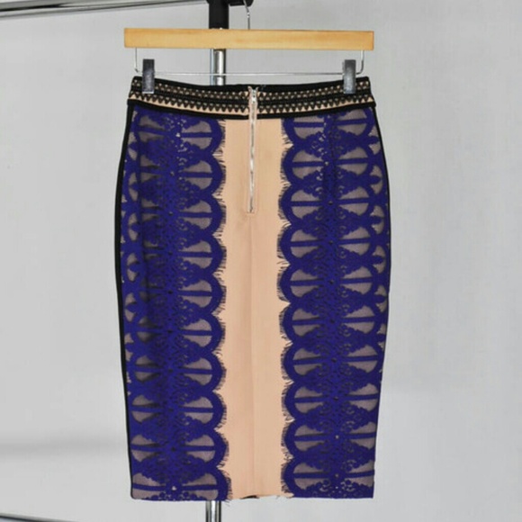 One Left! Endless Rose Nude Blue Lace Pencil Skirt - Picture 4 of 4