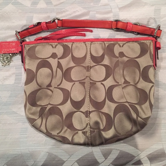 Coach purse champagne/satin fabric coral trim