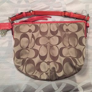 Coach purse champagne/satin fabric coral trim