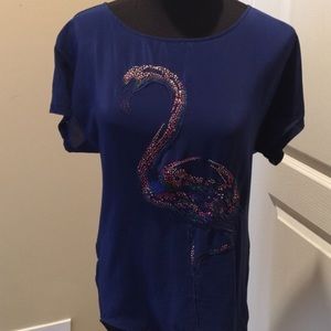 Navy top w/colorful rhinestone flamingo design Navy top w/colorful rhinestone flamingo design