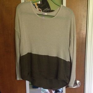Tan knit top with green silky bottom