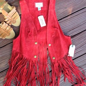 Forever 21 Red Suede Fringe Vest size small new!!