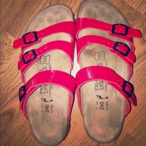 Birkies Red Patent Leather 3 Strap Sandals