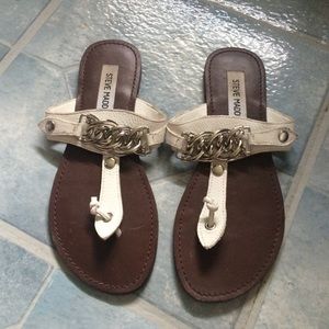 White Steve Madden sandals w/ silver chain accents