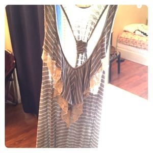 Grey and White Striped Tank with Lace